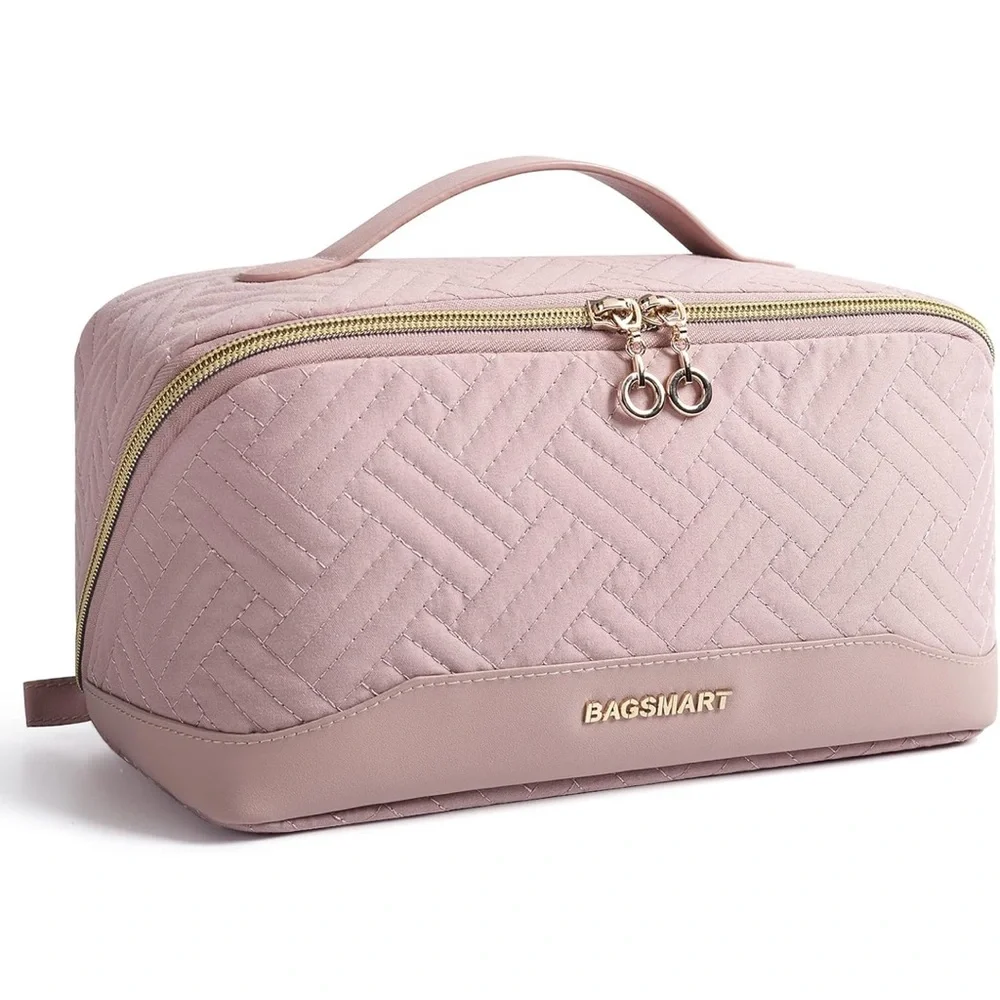 BAGSMART Quilted Blush Pink Travel Cosmetic Case